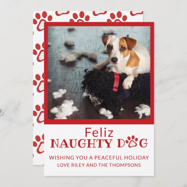 Feliz Naughty Dog Red Paw Prints Pet Photo Holiday (Front/Back)