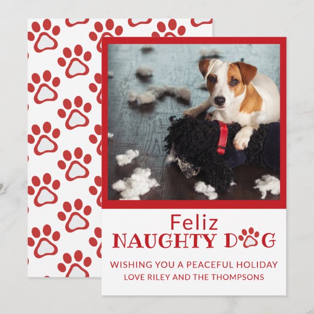 Feliz Naughty Dog Red Paw Prints Pet Photo Holiday Card (Front/Back)