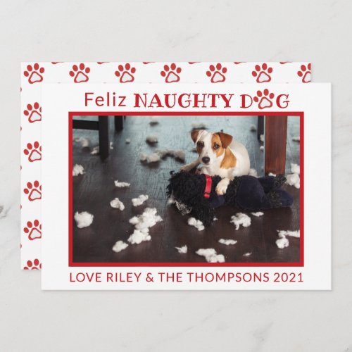 Feliz Naughty Dog Red Paws Horizontal Pet Photo Ho Holiday Card