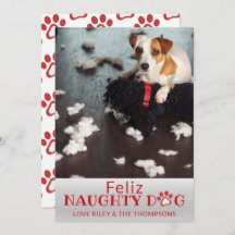 Feliz Naughty Dog Red Paws Pet Photo Holiday Card