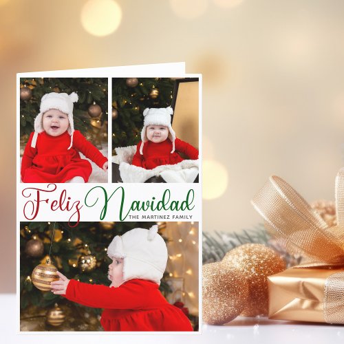 Feliz Navidad 3 Photo Folded Spanish Christmas Holiday Card