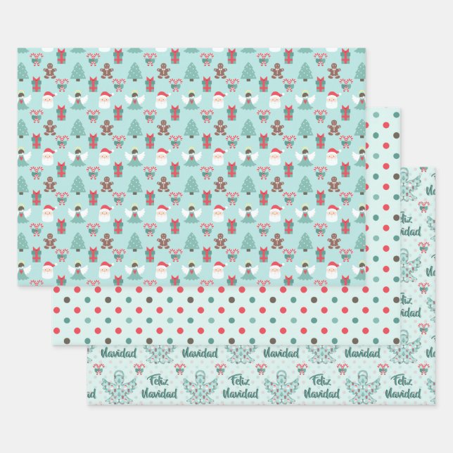 Feliz Navidad Angel Cutout Polka Dots Wrapping Paper Sheets (Set)