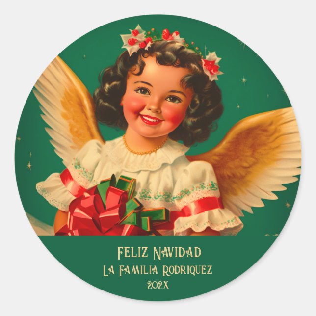 "Feliz Navidad" Angel Round Sticker (Front)