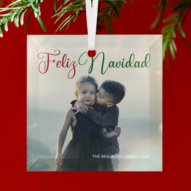 Feliz Navidad Beautiful Family Photo Christmas Glass Ornament (Creator Uploaded)