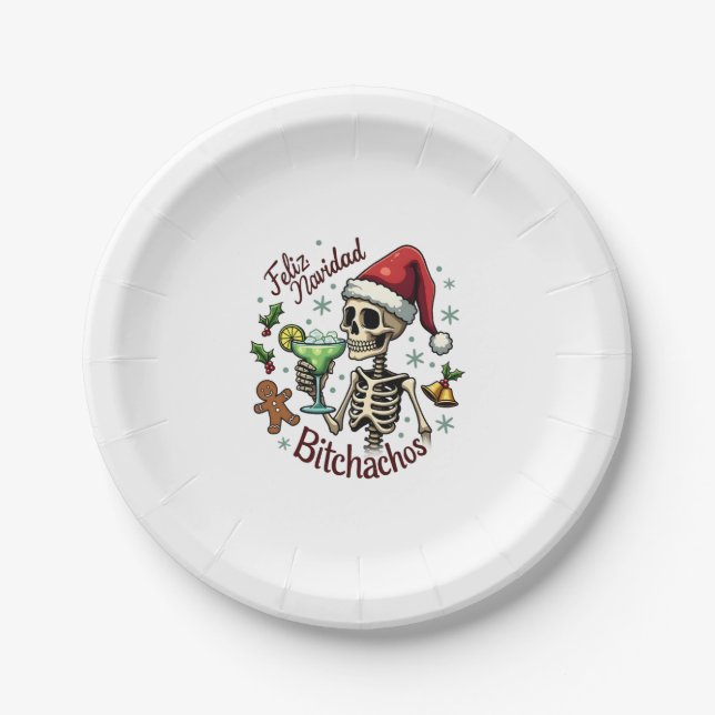 Feliz Navidad Bitchachos Funny Skull Spanish Merry Paper Plates (Front)