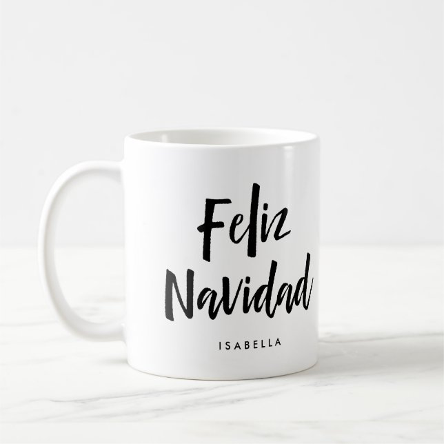 Feliz Navidad | Black and White Handwritten Script Coffee Mug (Left)