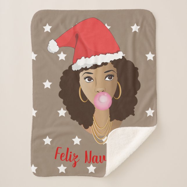 Feliz Navidad, Black Woman, Santa Hat, Bubblegum Sherpa Blanket (Front)