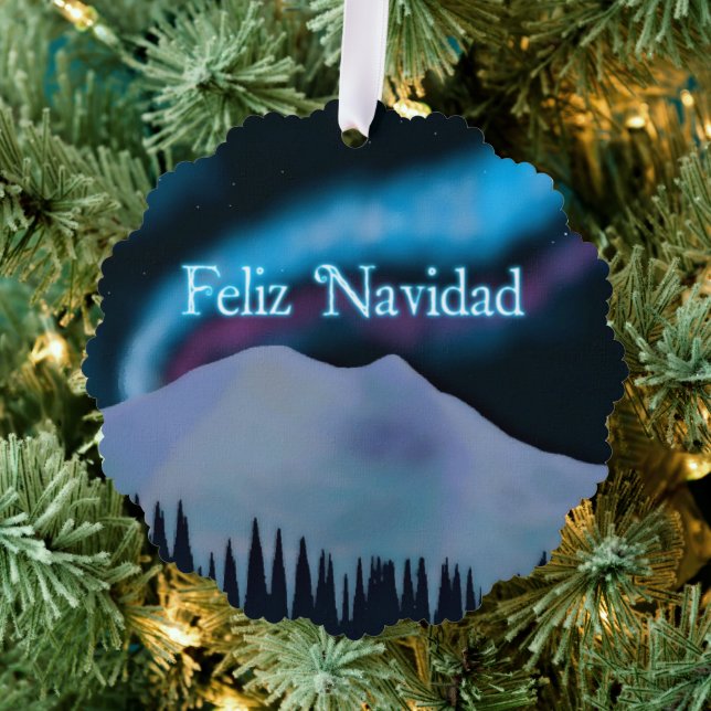 Feliz Navidad - Blue Aurora Ornament Card (Insitu (Tree))