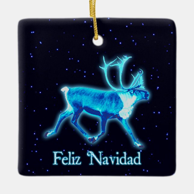 Feliz Navidad - Blue Caribou (Reindeer) Ceramic Ornament (Front)