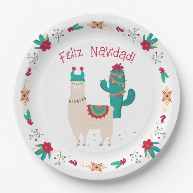Feliz Navidad Bright and Festive Llama Christmas Paper Plates (Front)