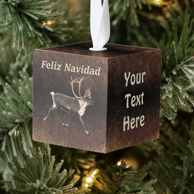 Feliz Navidad - Bull Caribou (Reindeer) Cube Ornament (Tree)