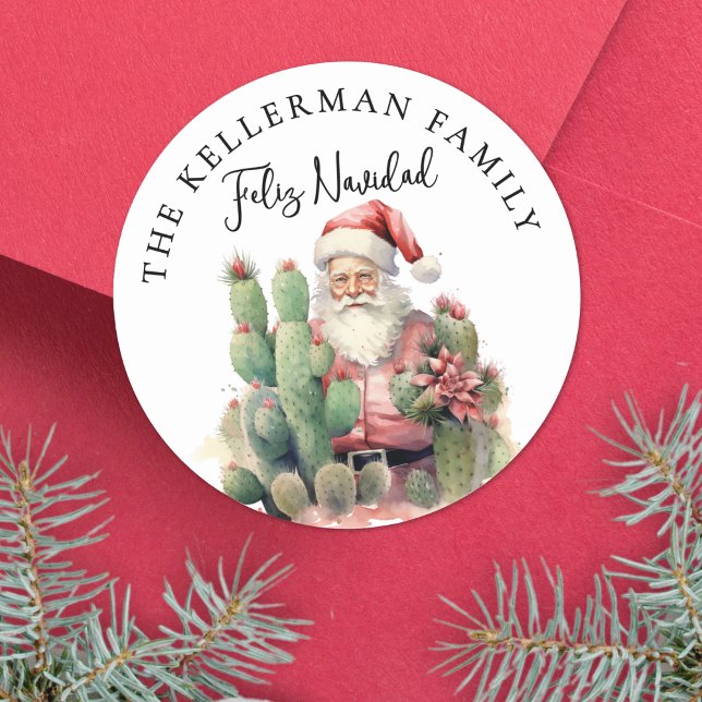 Feliz Navidad Cactus Christmas Classic Round Sticker (Feliz Navidad Cactus Santa Christmas Classic Round Sticker )