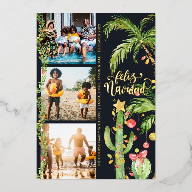 Feliz Navidad | Cactus Christmas Photo Collage  Foil Holiday Card (Front)
