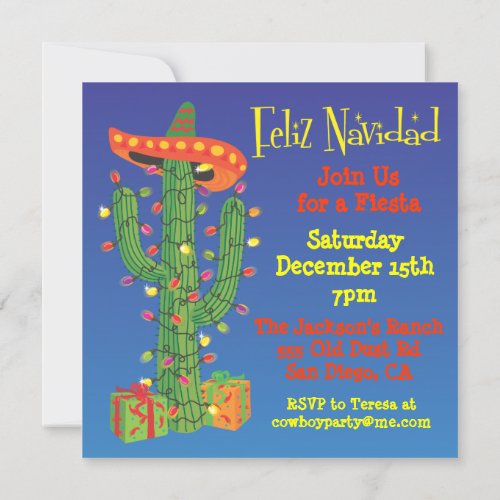 Feliz Navidad Cactus with Sombero Christmas Invitation