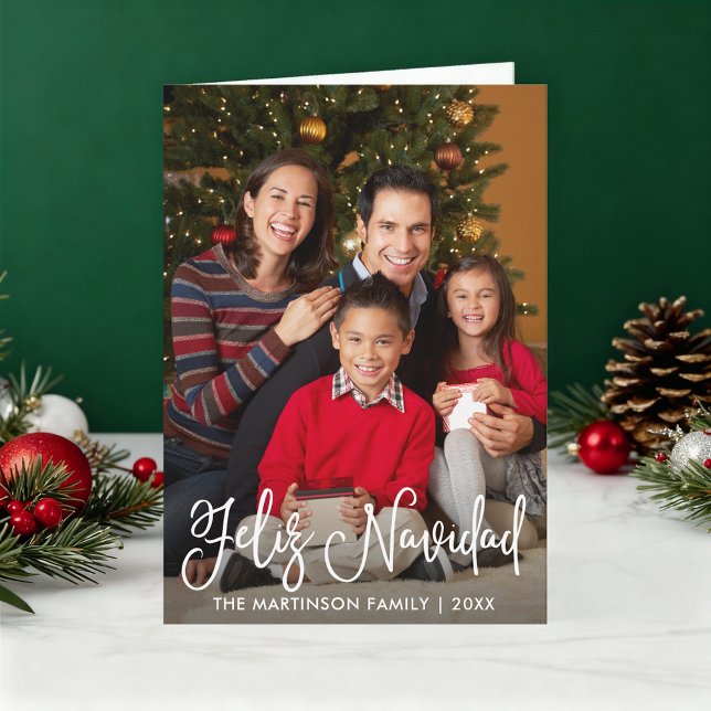 Feliz Navidad Calligraphy Script Family Photo Fold Holiday Card (Customize to add text to inside of card.)