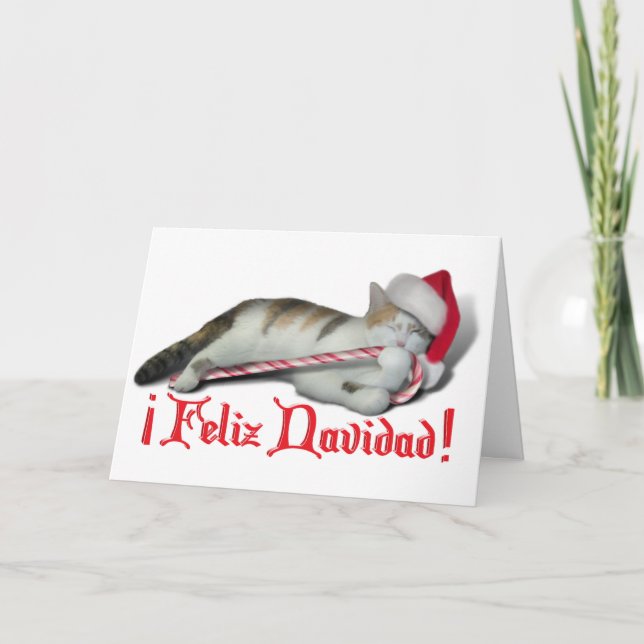 Feliz Navidad - Candy Cane Kitty Holiday Card (Front)