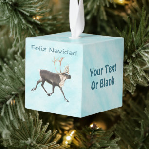 Feliz Navidad - Caribou (Reindeer) On Snow Cube Ornament