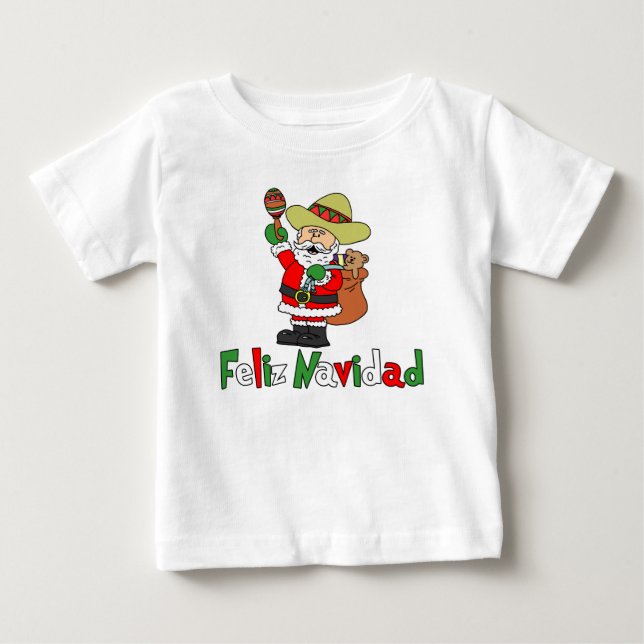 Feliz Navidad Cartoon Santa Sombrero Maracas Baby T-Shirt (Front)