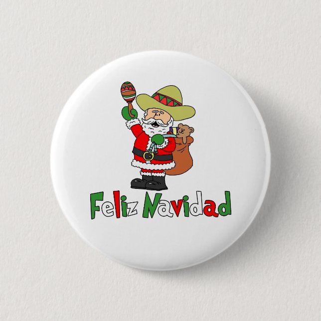Feliz Navidad Cartoon Santa Sombrero Maracas Button (Front)