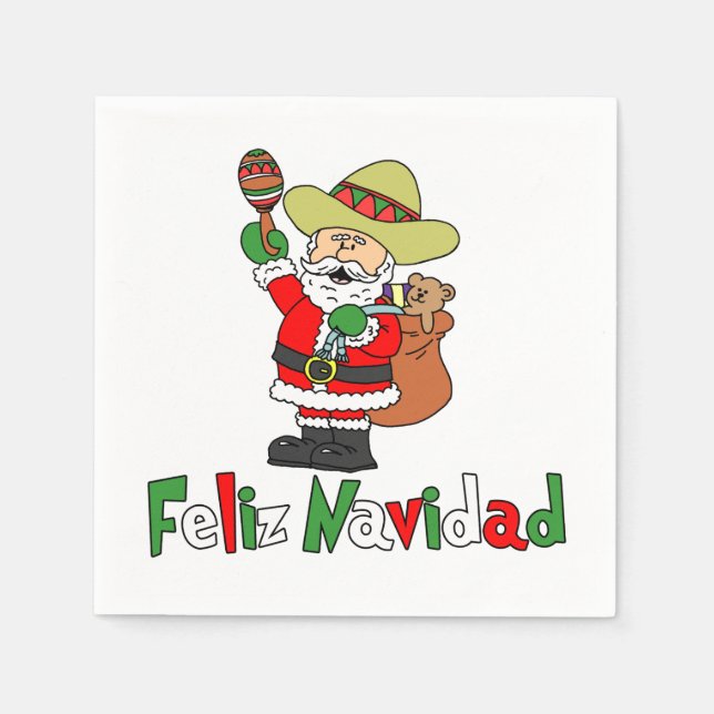Feliz Navidad Cartoon Santa Sombrero Maracas Napkins (Front)