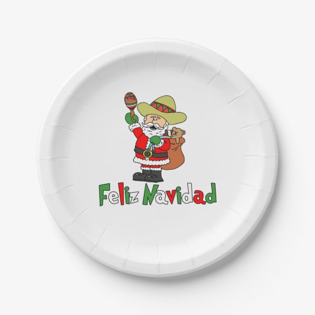 Feliz Navidad Cartoon Santa Sombrero Maracas Paper Plates (Front)