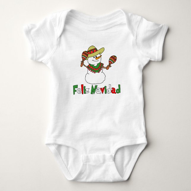 Feliz Navidad Cartoon Snowman Sombrero Maracas Baby Bodysuit (Front)