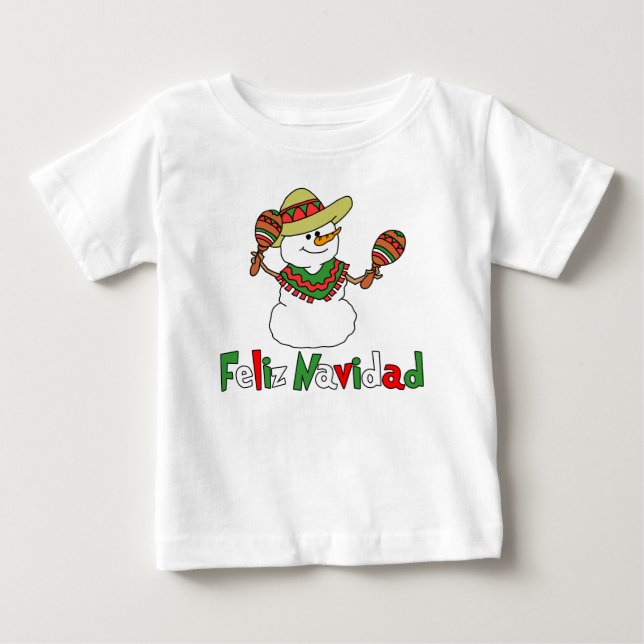 Feliz Navidad Cartoon Snowman Sombrero Maracas Baby T-Shirt (Front)