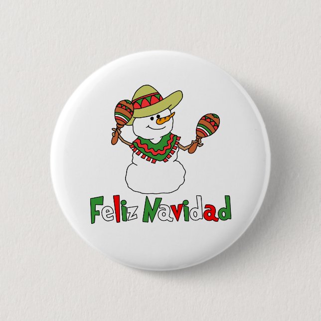 Feliz Navidad Cartoon Snowman Sombrero Maracas Button (Front)