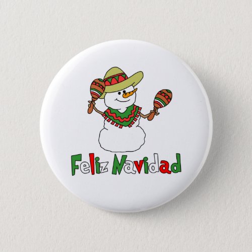 Feliz Navidad Cartoon Snowman Sombrero Maracas Button