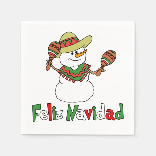 Feliz Navidad Cartoon Snowman Sombrero Maracas Napkins