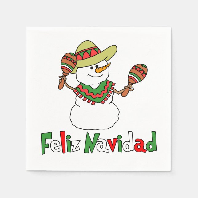 Feliz Navidad Cartoon Snowman Sombrero Maracas Napkins (Front)