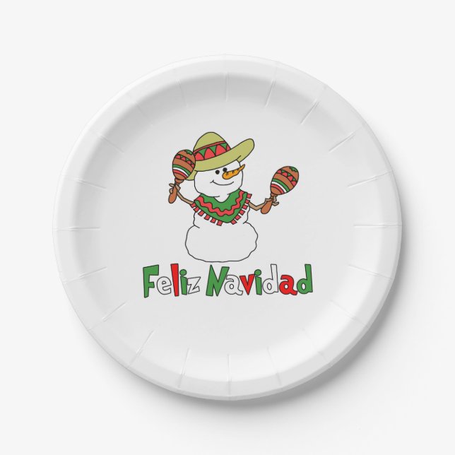 Feliz Navidad Cartoon Snowman Sombrero Maracas Paper Plates (Front)