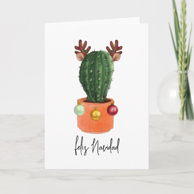 Feliz Navidad Christmas Cactus Antlers Holiday Card (Front)