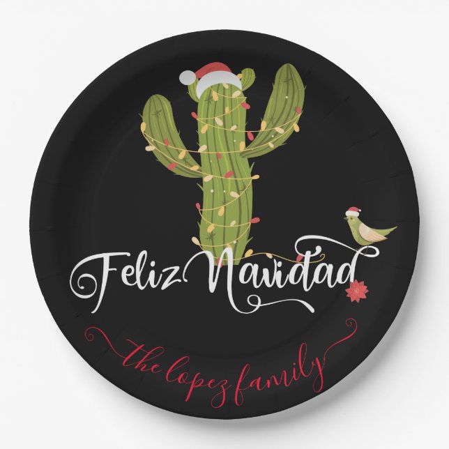 Feliz Navidad Christmas Cactus Party Paper Plates (Front)
