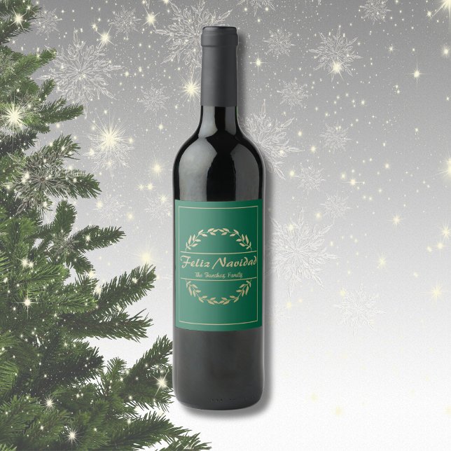 Feliz Navidad Christmas Golden & Green  Wine Label (Spanish feliz navidad, wine label, custom text, family name. Con Jesus en el camino)