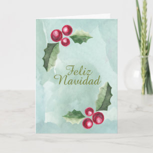 Feliz Navidad Christmas Holly Berry Watercolor Holiday Card