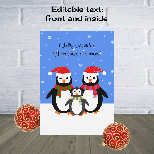 Feliz navidad christmas new year penguins spanish holiday card