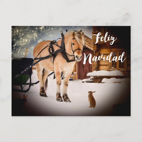 Feliz Navidad Christmas night farm with horse Holiday Postcard