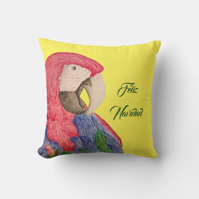 Feliz Navidad Christmas Parrot Red Macaw Throw Pillow (Front)