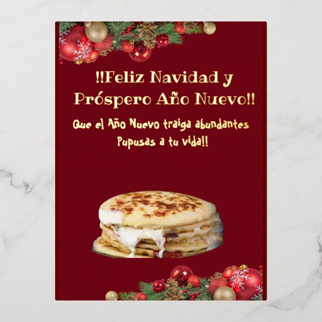 Feliz Navidad Christmas to el Comelón de Pupusas I Foil Holiday Postcard (Front)