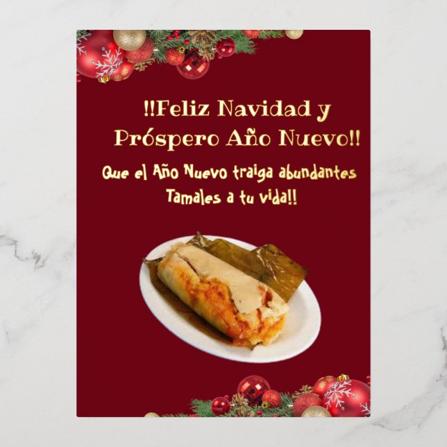 Feliz Navidad Christmas to el Comelón de Tamales I Foil Holiday Postcard (Front)