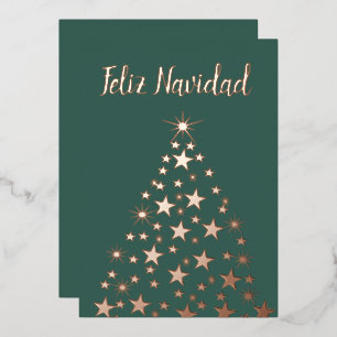 Feliz Navidad Christmas Tree Stars Rose Gold Foil Holiday Card