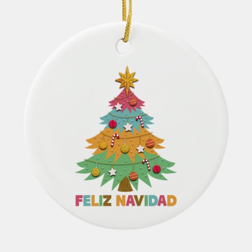 Feliz Navidad Colorful Xmas Tree Spanish Christmas Ceramic Ornament
