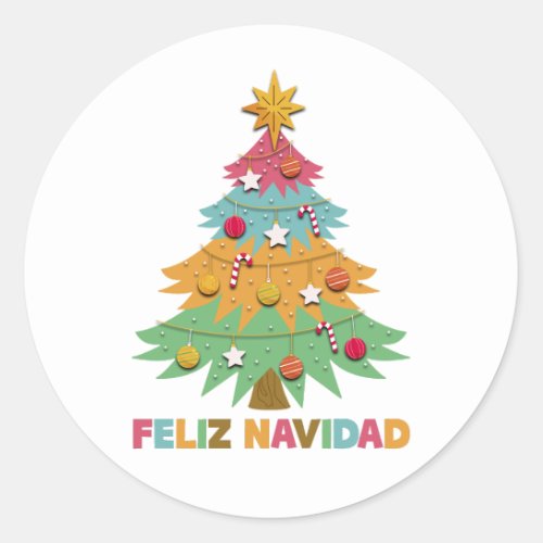 Feliz Navidad Colorful Xmas Tree Spanish Christmas Classic Round Sticker