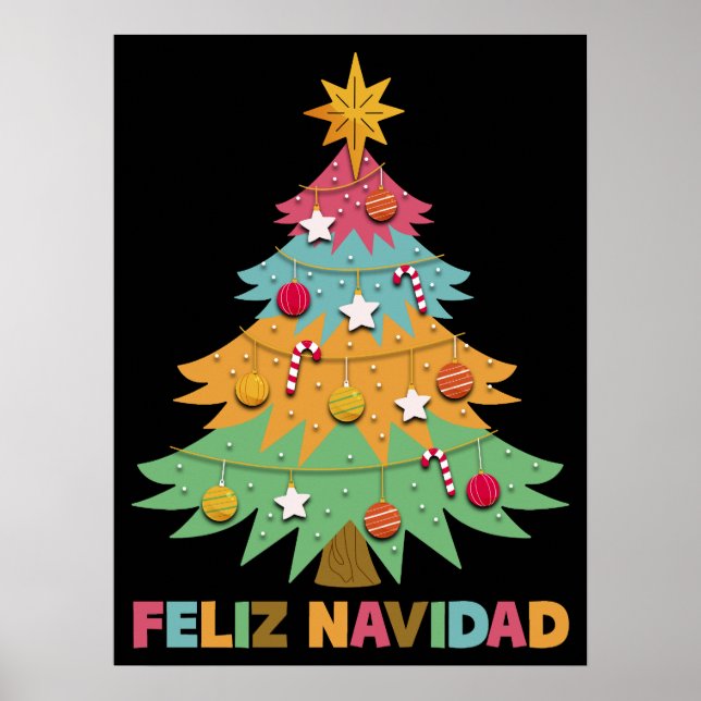 Feliz Navidad Colorful Xmas Tree Spanish Christmas Poster (Front)
