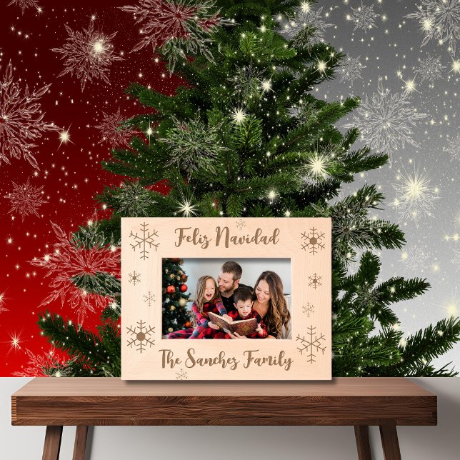 Feliz Navidad & Custom Family Name & Snowfalkes Engraved Frames (Wooden photo Frame Spanish Christmas Feliz Navidad, custom text & Family Name snowflakes.)