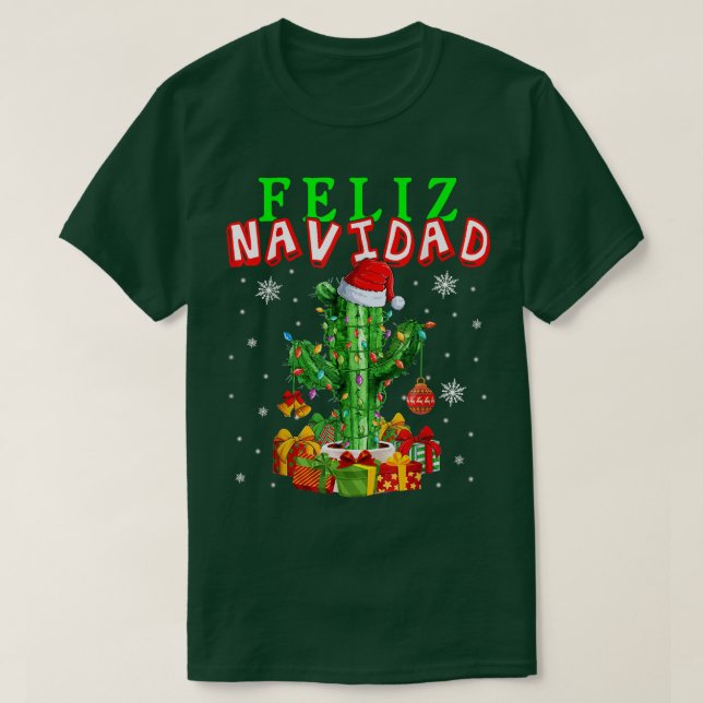 Feliz Navidad Cute Christmas Lights Santa Cactus S T-Shirt (Design Front)