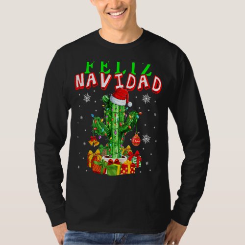 Feliz Navidad Cute Christmas Lights Santa Cactus S T_Shirt