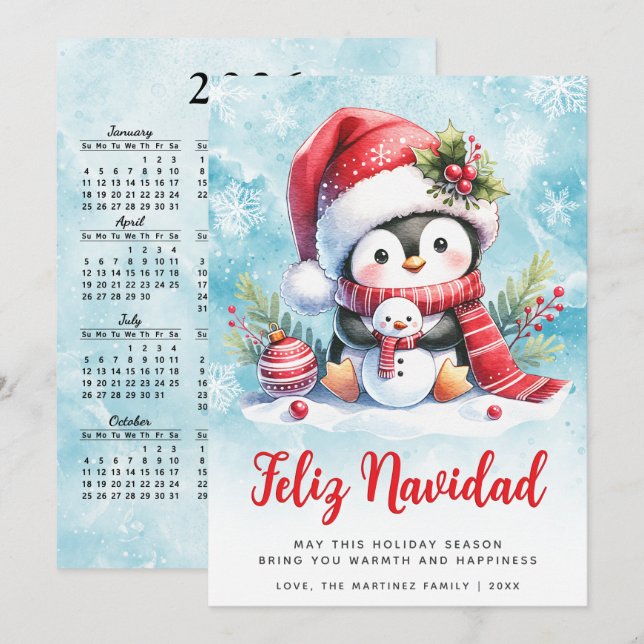 Feliz Navidad Cute Penguin Spanish Christmas Holiday Card (Front/Back)