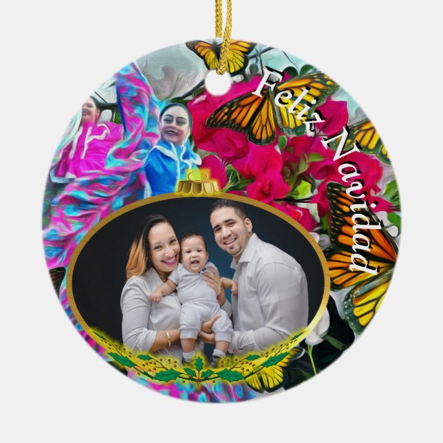 Feliz Navidad Dancing Butterflies PV01 Ceramic Ornament (Front)